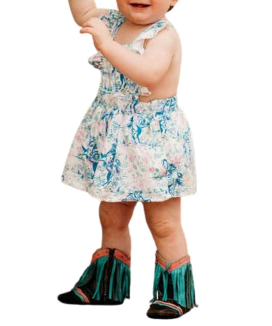Infant/Toddler Girl's White Romper With A Blue And Pink Floral Frontier Print