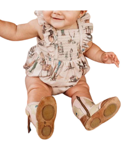 Infant/Toddler Girl's Sleeveless Romper With Flutter Trimmed Shoulder Straps, Smocked Chest, Elastic Leg Holes, And Three-Snap Diaper Seat Closure