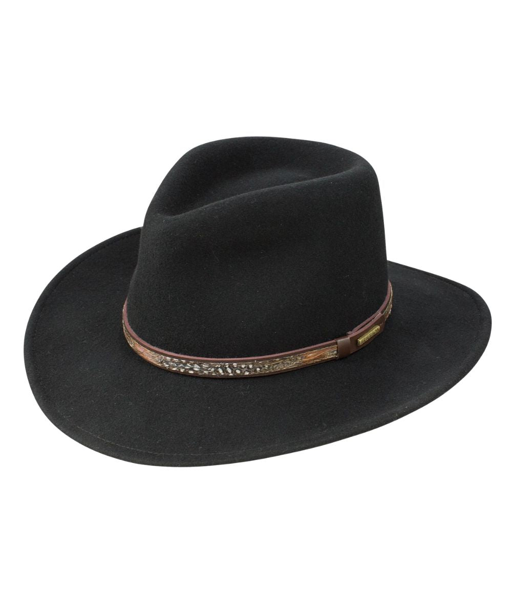 Left angled view of the crushable wool fedora hat in black featuring a brown leather feather hat band