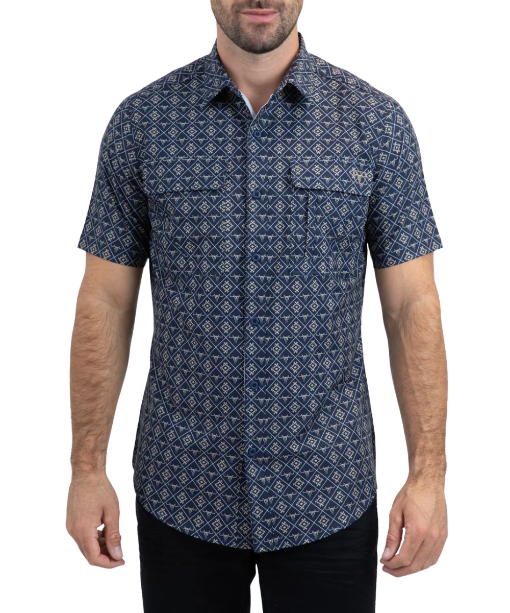 Platini men's dark blue short sleeve button down shirt in a tan geometric print.
