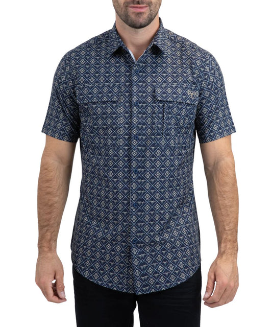 Platini men's dark blue short sleeve button down shirt in a tan geometric print.