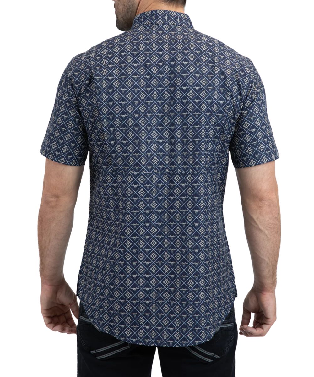 Men's short sleeve button down shirt made from performance fabric featuring a vented back yoke.