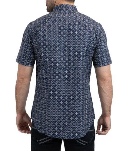 Men's short sleeve button down shirt made from performance fabric featuring a vented back yoke.