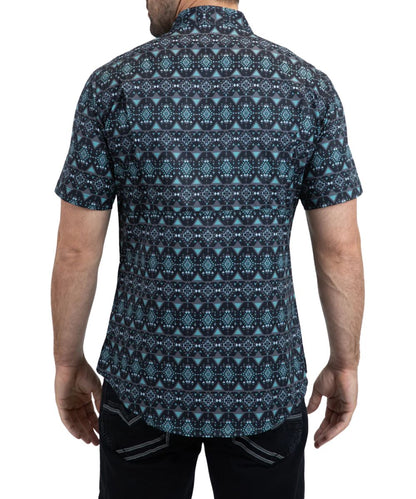 Back view of the black and teal geometric print short sleeve button down shirt featuring a vented back yoke.
