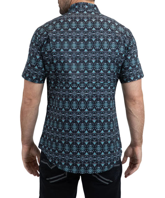 Back view of the black and teal geometric print short sleeve button down shirt featuring a vented back yoke.