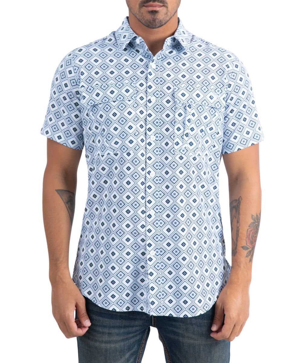 Platini men's white short sleeve button down shirt featuring a blue geometric print.