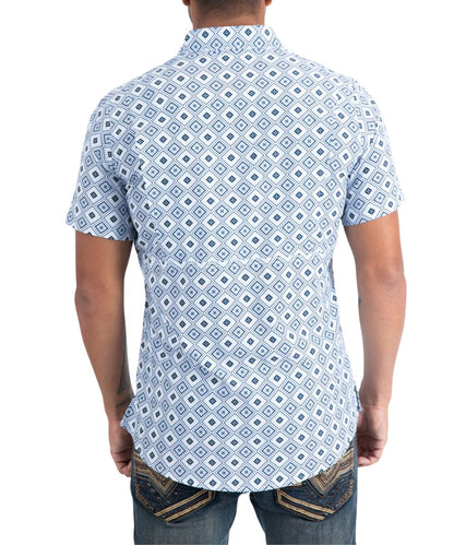 Back view of the white and blue geometric print Platini men's short sleeve shirt.