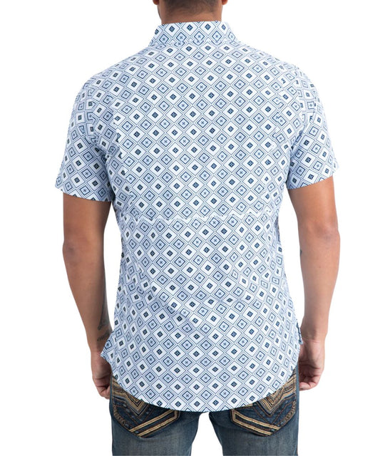 Back view of the white and blue geometric print Platini men's short sleeve shirt.