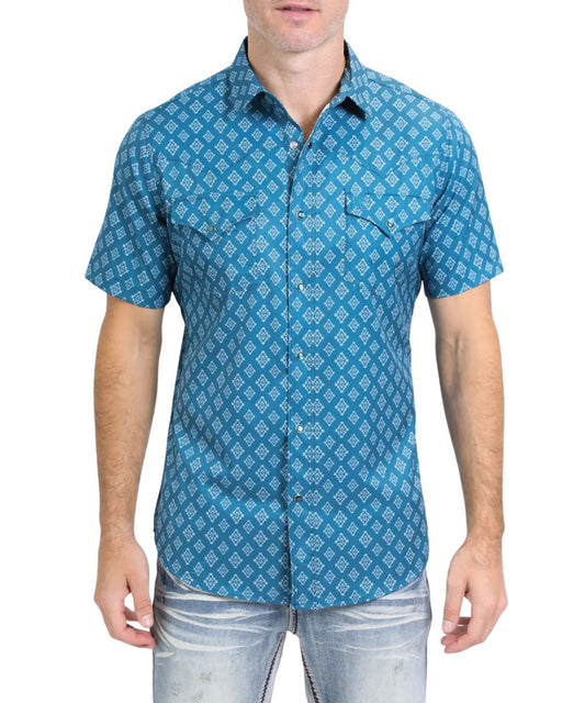 Men's Short Sleeve Western Performance Snap Shirt In A Blue Aztec Print