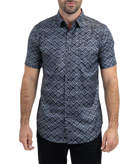Platini men's short sleeve geometric snap shirt in a black print, featuring black snaps, western yokes, and dual chest pockets with snap closure.