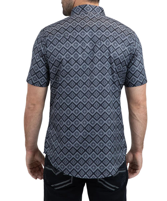 Back view of the Platini men's performance short sleeve snap shirt featuring western yokes, quick-drying fabric, heat and wind resistant qualities.