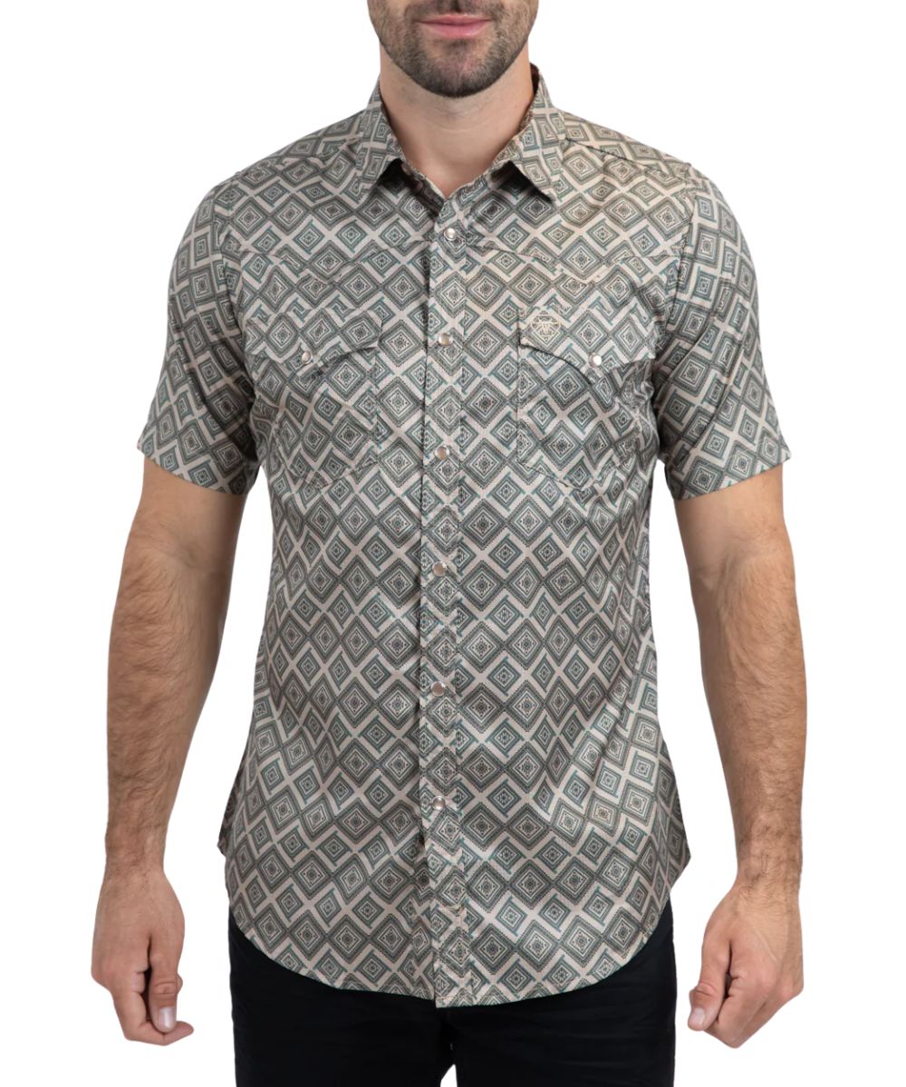 Platini Men's Beige Geometric Performance Western Snap Shirt