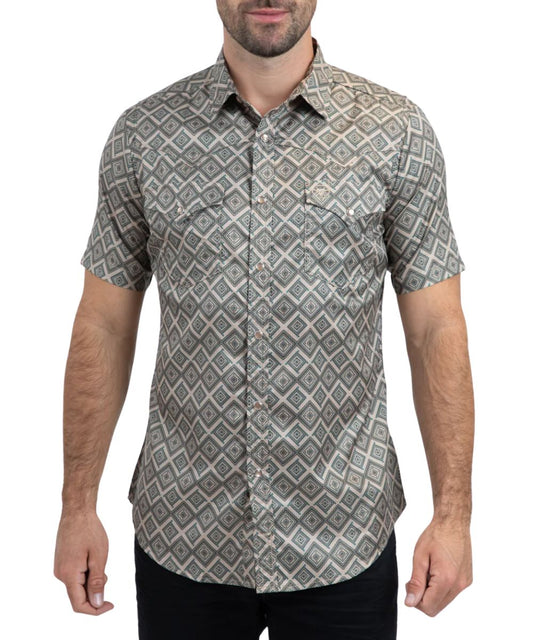 Platini Men's Beige Geometric Performance Western Snap Shirt