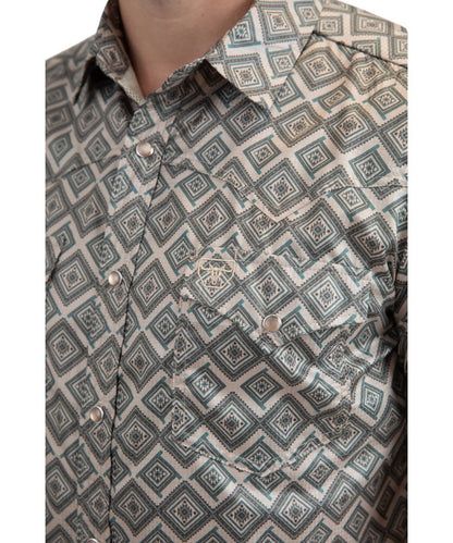 Platini Men's Beige Geometric Performance Western Snap Shirt