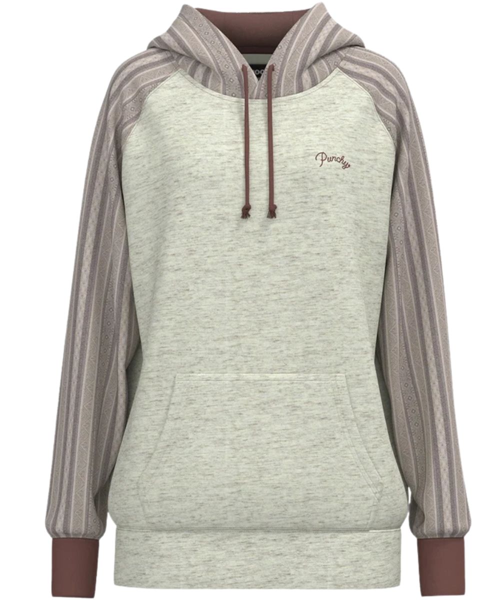 Front view of the women's cream hoodie featuring the punchy embroidery at the left chest and the hidden phone pocket in the kangaroo pocket, and the color-blocked striped sleeves and hood