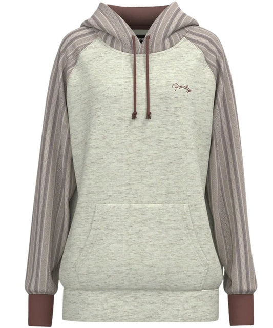 Front view of the women's cream hoodie featuring the punchy embroidery at the left chest and the hidden phone pocket in the kangaroo pocket, and the color-blocked striped sleeves and hood