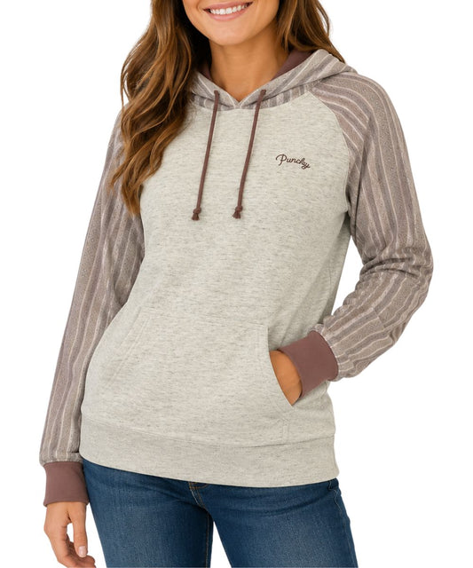 Front view of the women's Hooey Punchy Hoody Cream/Stripe featuring the color-blocked design of the cream body and striped sleeves and hood