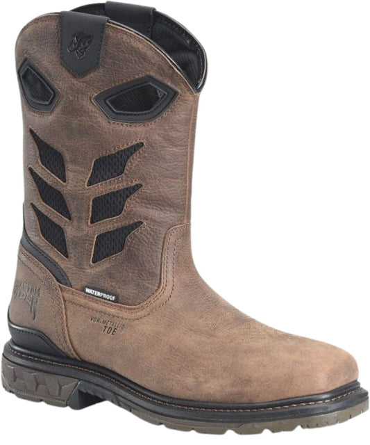 Men's 11" Work Boot Constructed Of Acid-Resistant Dark Brown Leather Featuring Mesh Vents On The Shaft And Pull Holes For Easy On