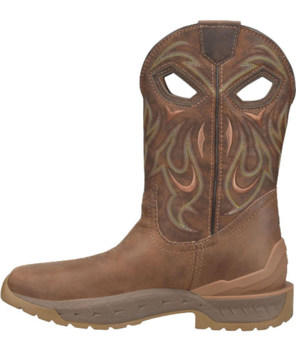 Left side view of the men's rust/brown leather work boot featuring the 11" contrast embroidered shaft with pull holes for an easy on