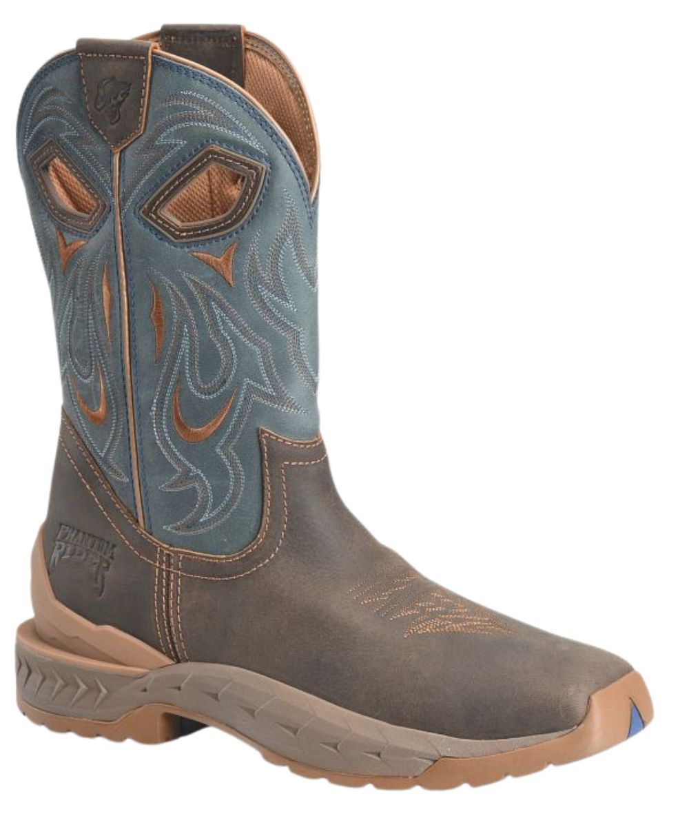 Right angled view of the men's dark brown & blue Double H Emperor Boot from the Stinger by Phantom Rider Collection featuring the 11" shaft and pull holes for an easy on