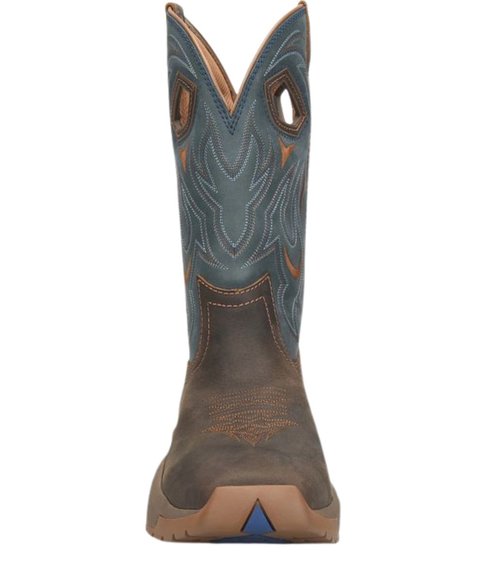 Front view of the men's brown and blue wide square soft toe boot