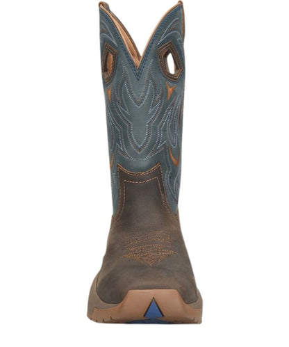 Front view of the men's brown and blue wide square soft toe boot