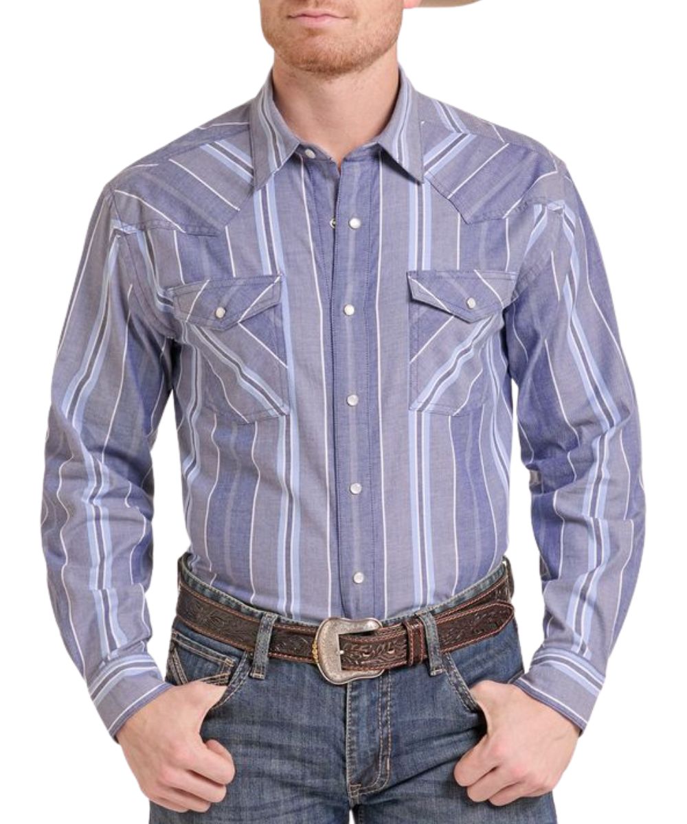 Front view of the men's blue twill striped Panhandle Slim Classic Fit Snap Shirt featuring the long sleeves, western yokes, chest pockets, and striped print