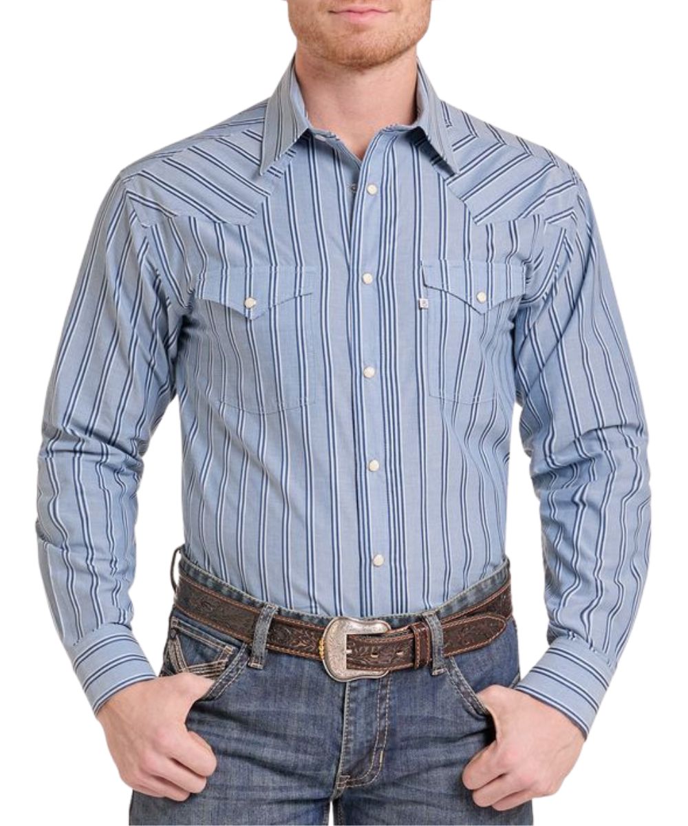 Front view of the men's blue long sleeve western snap shirt featuring a textured stripe print, 2 chest pockets, and western yokes