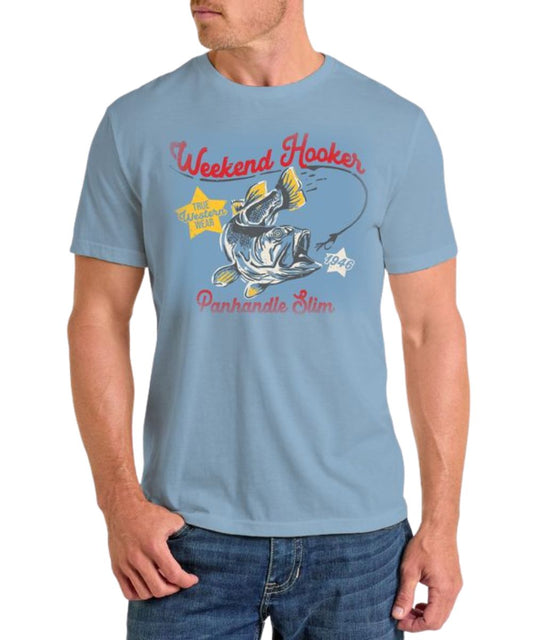 Men's Sky Blue Short Sleeve Graphic Tee With A Screen-Printed Front Bass Graphic That Reads: "Weekend Hooker - Panhandle Slim True Western Wear 1946"