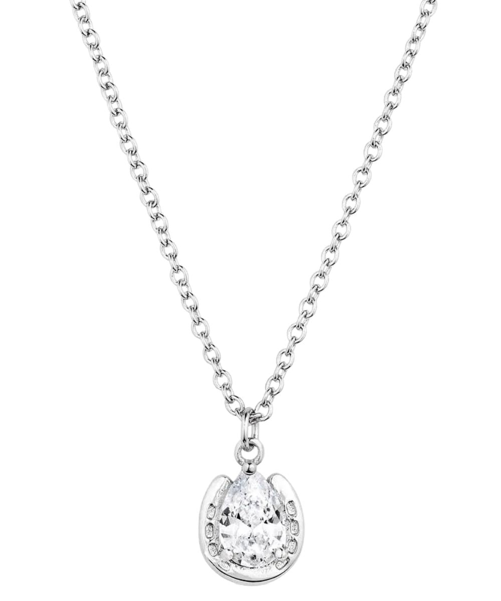 Women's Silver Necklace With A Horseshoe Shaped Pendant And A Clear Cubic Zirconia Crystal In The Center