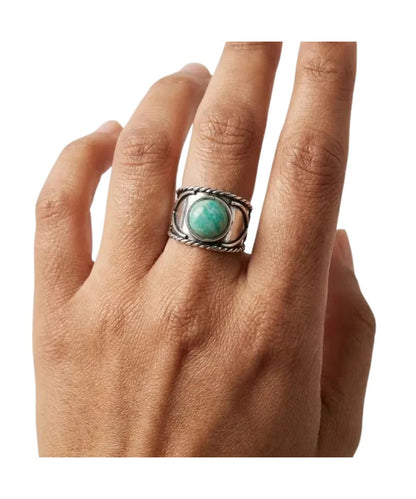 Women's amazonite stone ring modeled by a woman's hand