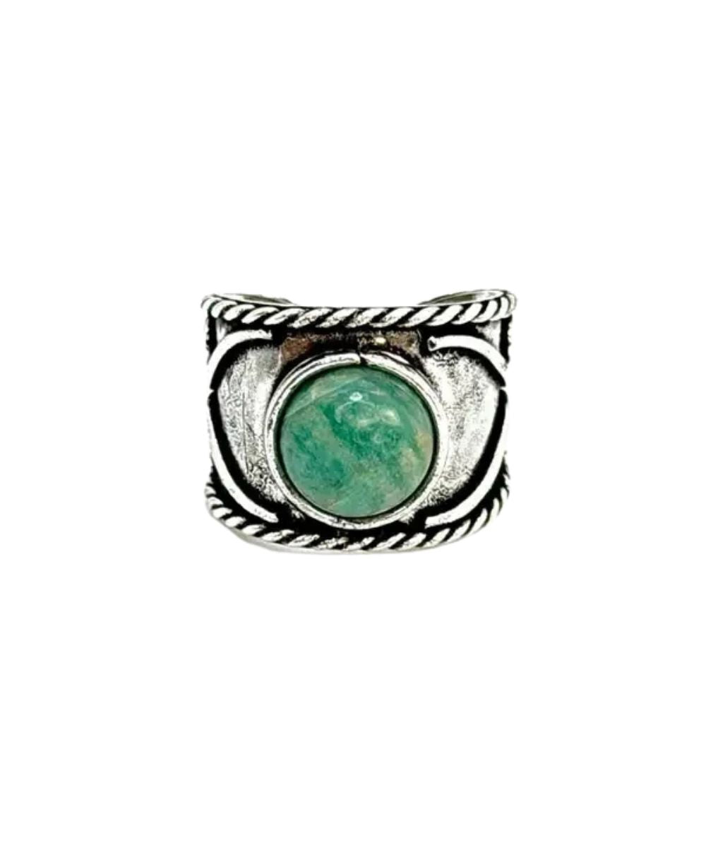 Anju Jewelry women's antique silver open back ring featuring the round amazonite stone in the center