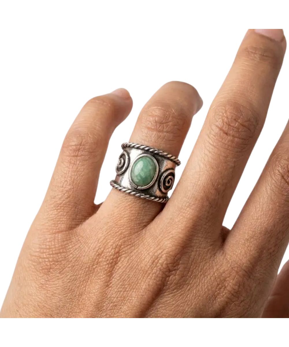 Women's amazonite ring modeled by a woman's hand