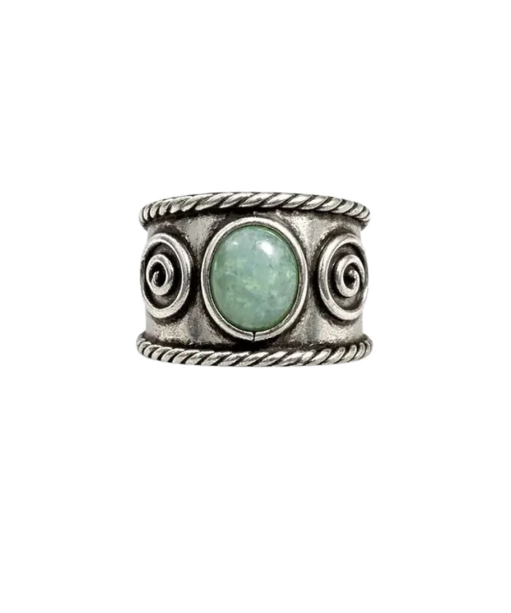 Anju Jewelry women's open silver cuff ring featuring the amazonite center stone and the handcrafted engraved details