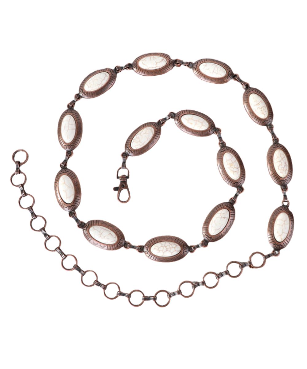 MONTANA WEST COPPER CONCHO LINK CHAIN BELT - WHT TURQ