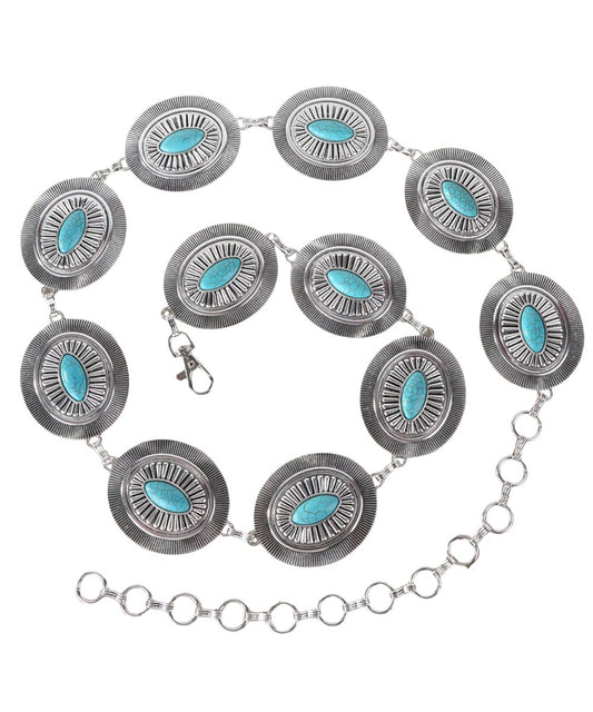 MONTANA WEST OVAL STONE CONCHO LINK CHAIN BELT - TURQ