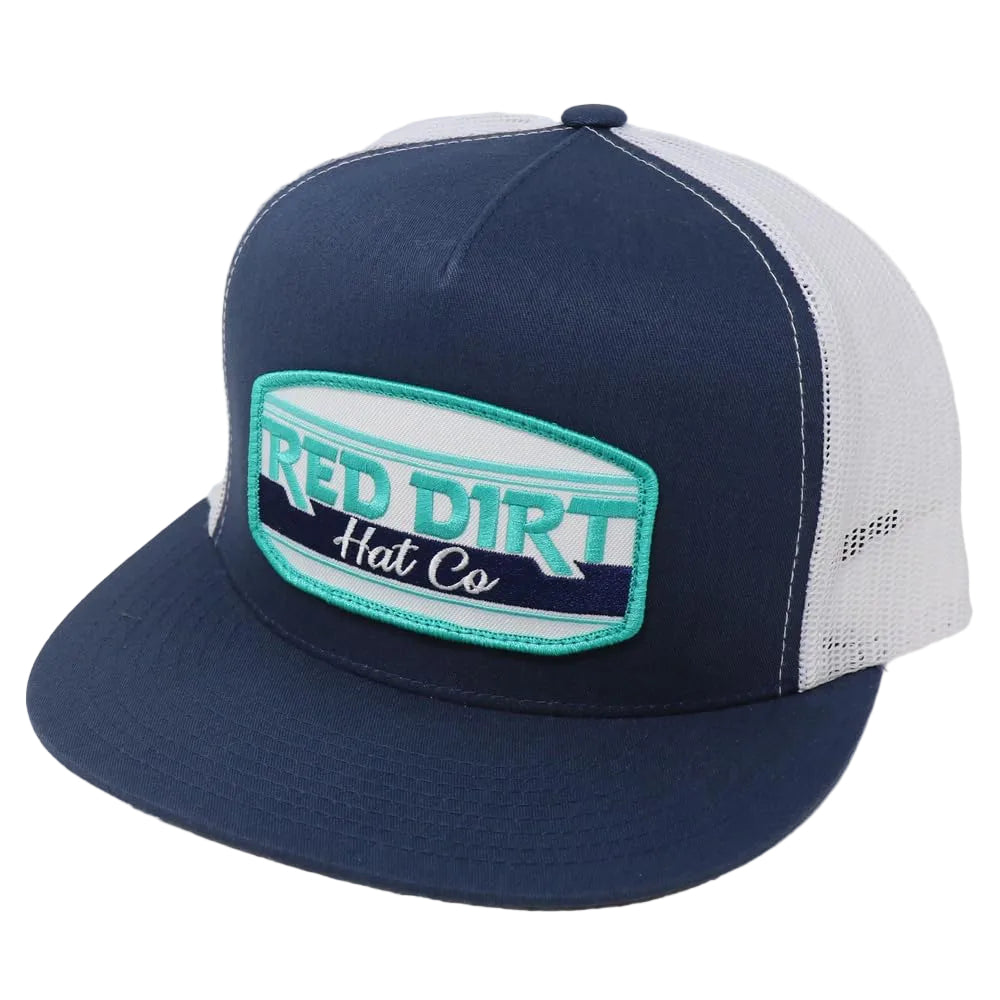 Unisex Cap With Navy Front And Navy Flat Bill, Featuring A Teal Embroidered Logo Patch On The Front