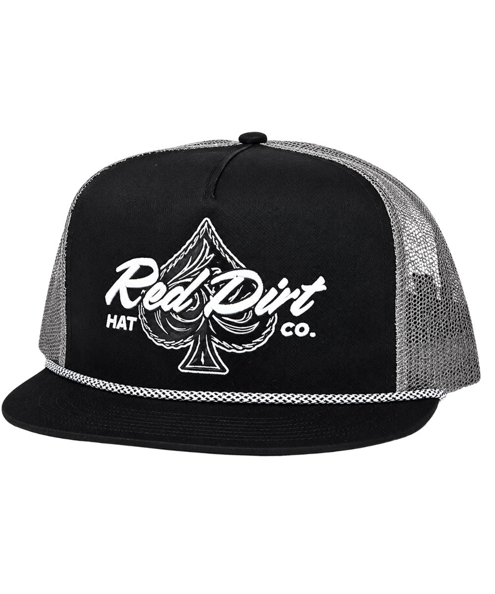 Front view of the hold em ball cap in black and charcoal featuring a spotted rope on the flat bill