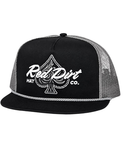 Front view of the hold em ball cap in black and charcoal featuring a spotted rope on the flat bill
