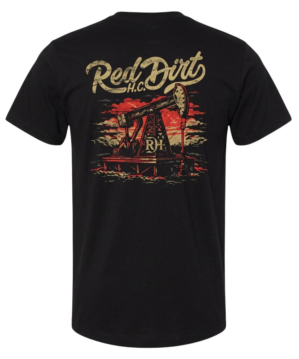 Back view of the men's black Red Dirt Hat Co. tee featuring the oil drill screen-printed graphic with logo