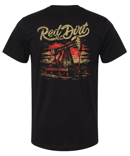 Back view of the men's black Red Dirt Hat Co. tee featuring the oil drill screen-printed graphic with logo