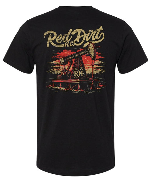 Back view of the men's black Red Dirt Hat Co. tee featuring the oil drill screen-printed graphic with logo