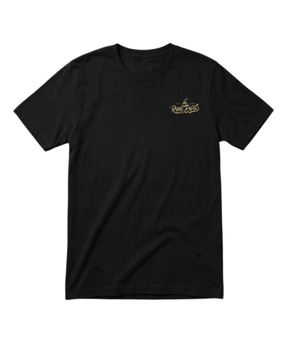 Front view of the men's black short sleeve crew neck tee featuring the small, screen-printed logo at the upper left chest