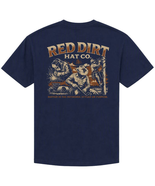 Back view of the men's navy Red Dirt Hat Co. graphic tee featuring the blue collar graphic screen-printed on the back with logo