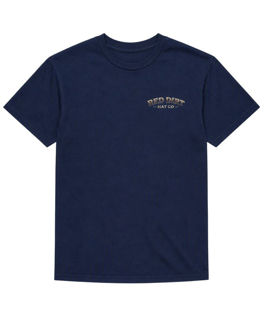 Front view of the men's navy short sleeve crew neck tee featuring the small logo screen-printed on the upper left chest