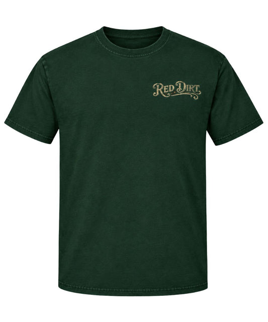 Front view of the men's short sleeve crew neck tee in heather emerald/dark green featuring the small screen-printed logo at the left chest