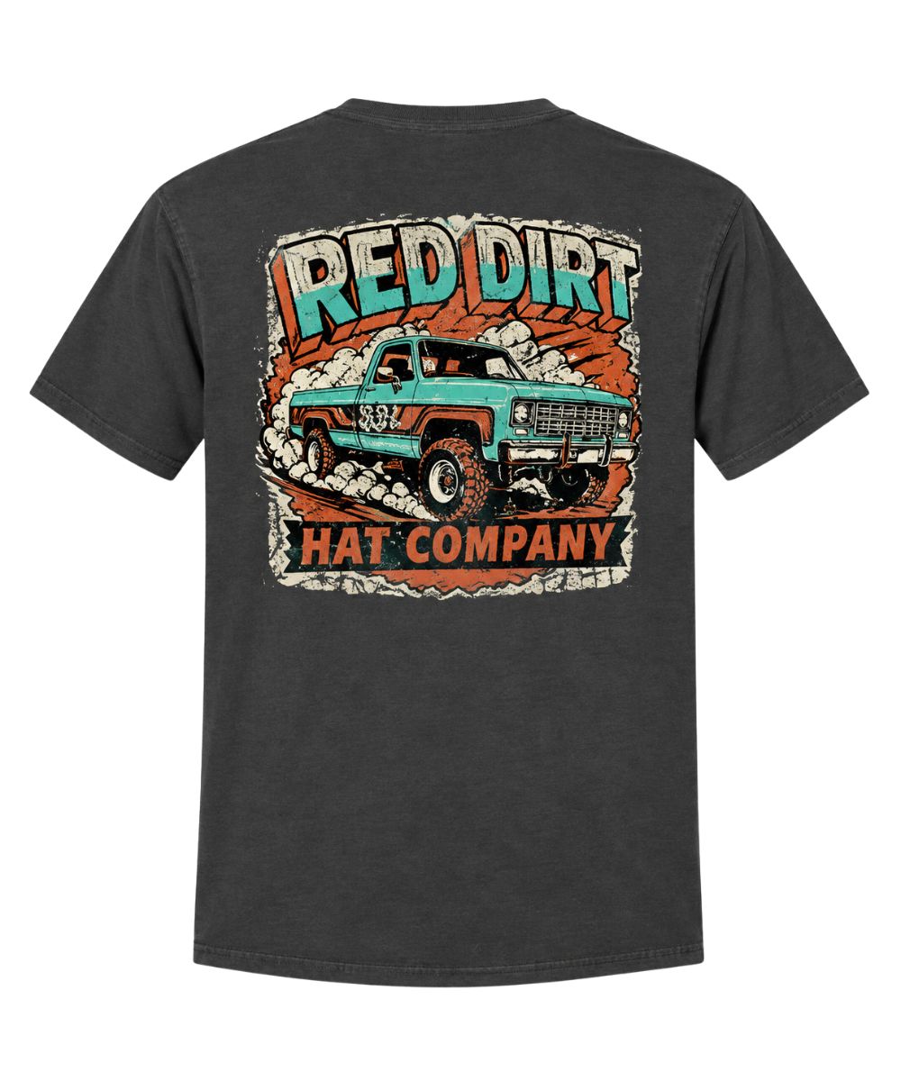 Back view of the men's dark grey heather Red Dirt Hat Co. Tee featuring the square body truck screen-printed graphic on the back