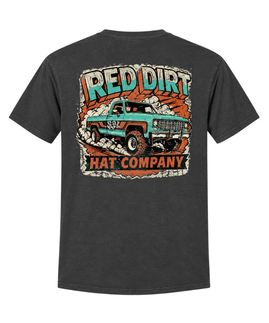 Back view of the men's dark grey heather Red Dirt Hat Co. Tee featuring the square body truck screen-printed graphic on the back