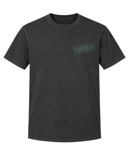Front view of the men's short sleeve crew neck graphic tee in a dark grey heather/charcoal color featuring the small logo at the left chest