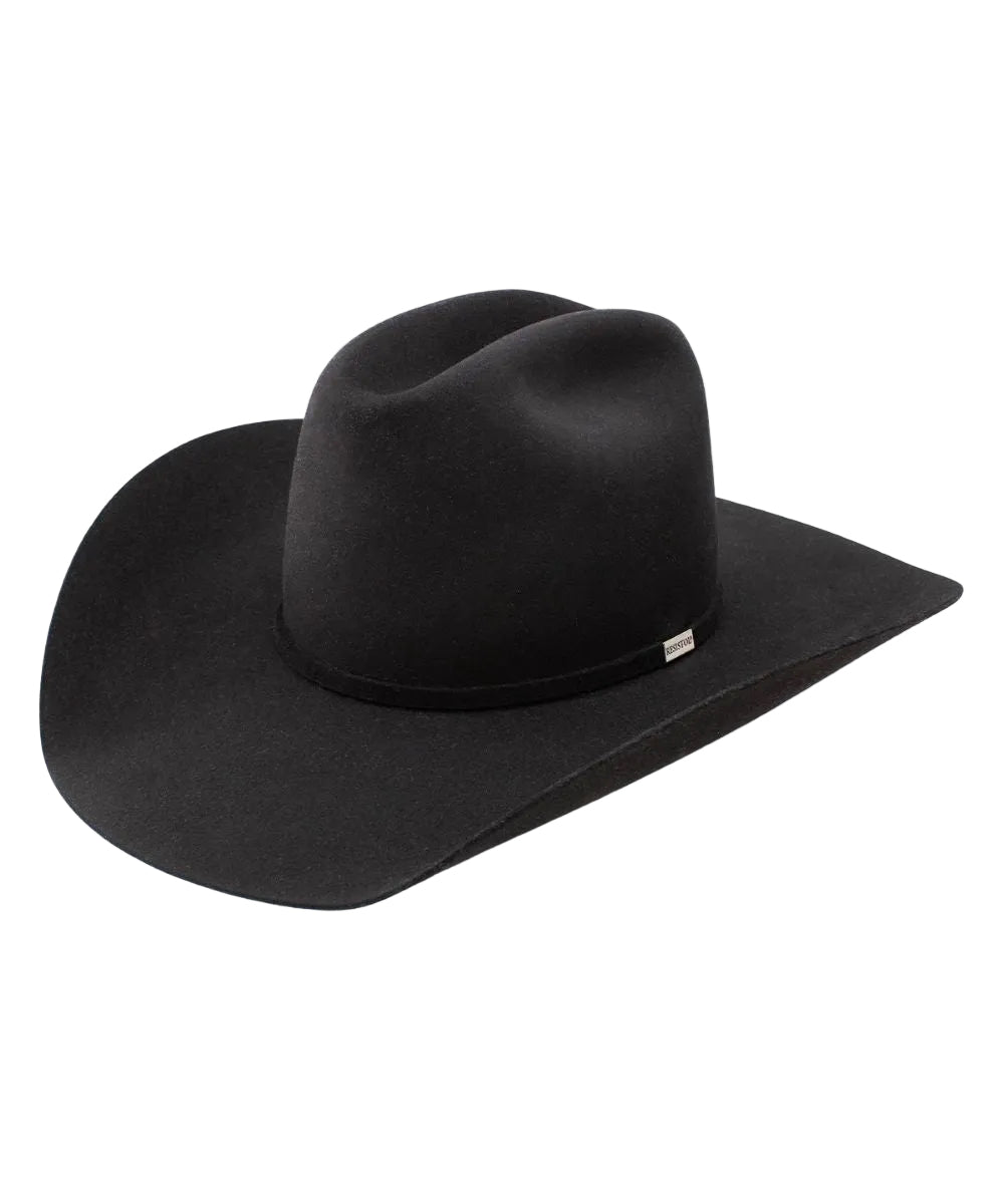 Front left facing black Redistol wool felt hat with cattleman crease and matching self hatband with silver tone Resistol logo pin.
